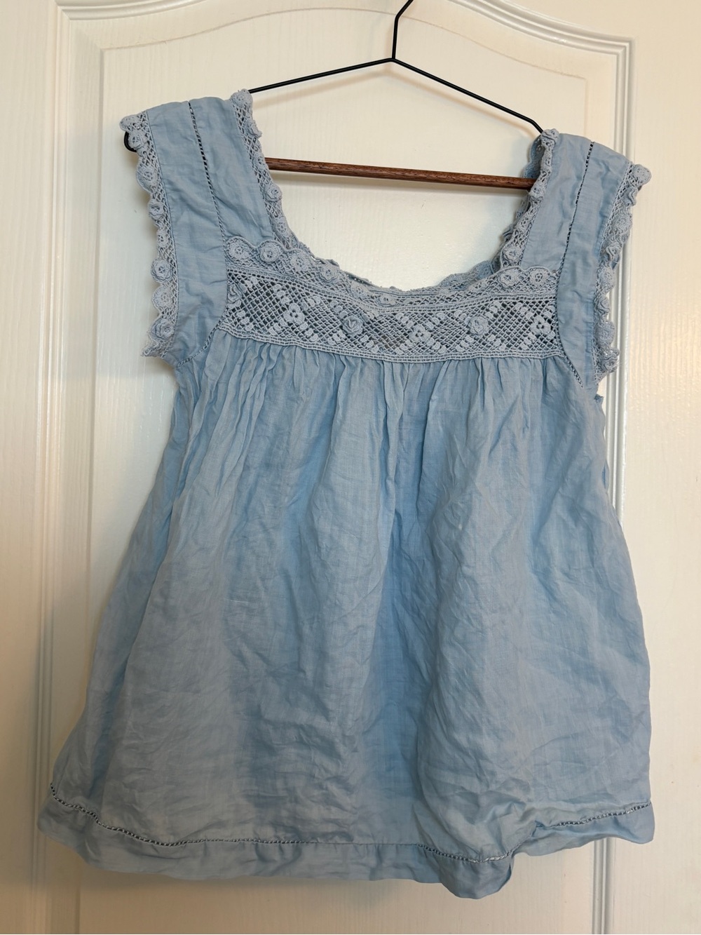Elie Tahari Light Blue 100% Ramie Crochet Lace Babydoll Top Size S/P Flawed